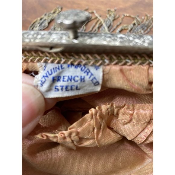 Vintage Bead Bag Carved Metal Frame Purse Silver Fringe Art Deco Handbag Antique - Picture 10 of 10